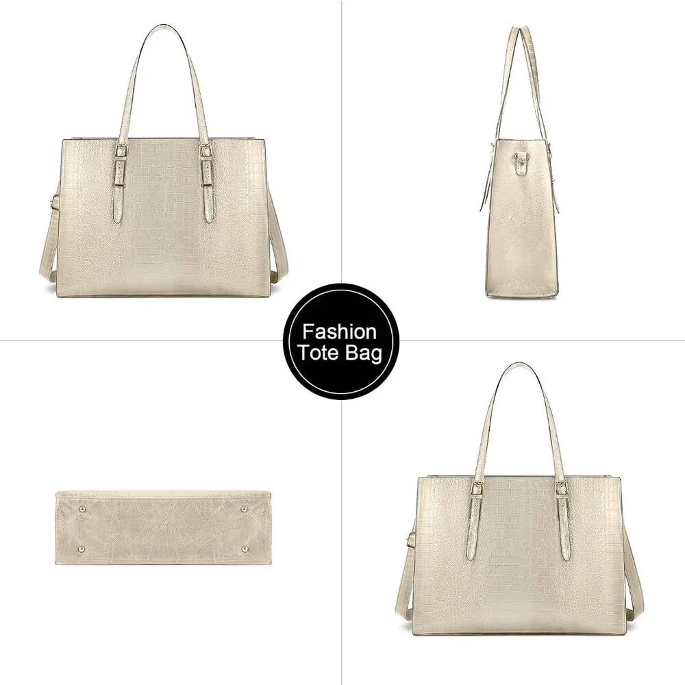 〽️Women Beige Leather Waterproof Professional Shoulder Bag 15.6 Inch Laptop Bag